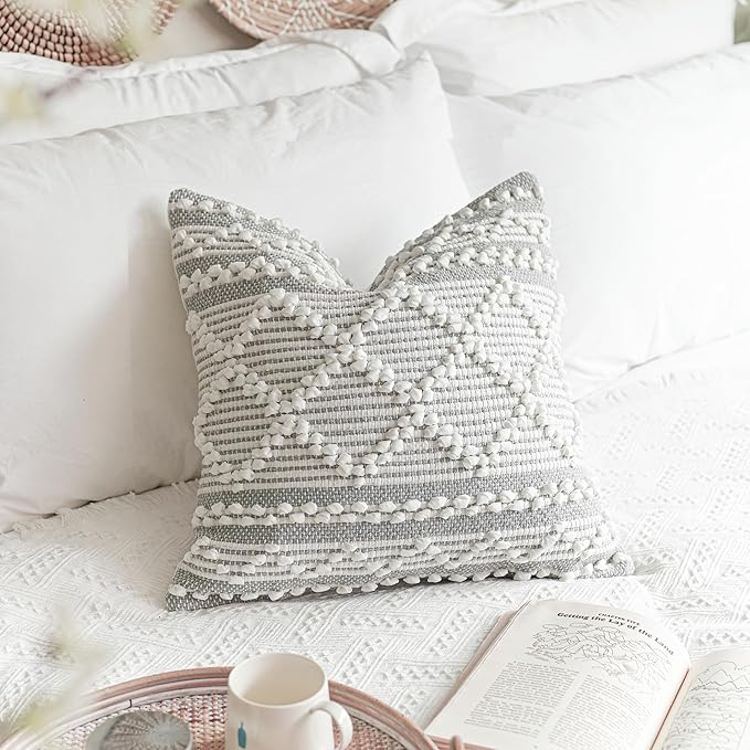 Gray White Decorative Throw Pillow Cover 22X22, Boho Accent Pillow for Couch, Square Modern Farmhouse Pillowcase for Living Room Couch Sofa Cushion Home Décor (Pack of 1)