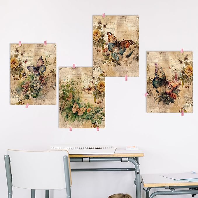 HRQKO Vintage Retro Butterfly Flower Wall Art Poster Prints Set of 4, Butterfly Floral Pictures Artwork Printing Posters Wall Decor, Blossom Botanical Prints for Bathroom Living Room 12”x16”