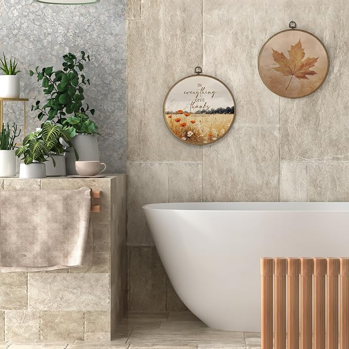 Gnmduw Fall Christian Wall Art Framed, Thanksgiving Fall Landscape Round Hanging Wall Decor, In Everything Give Thanks Canvas Prints Art for Farmhouse Living Room Bathroom Gallery Bedroom, 10x10 Inch