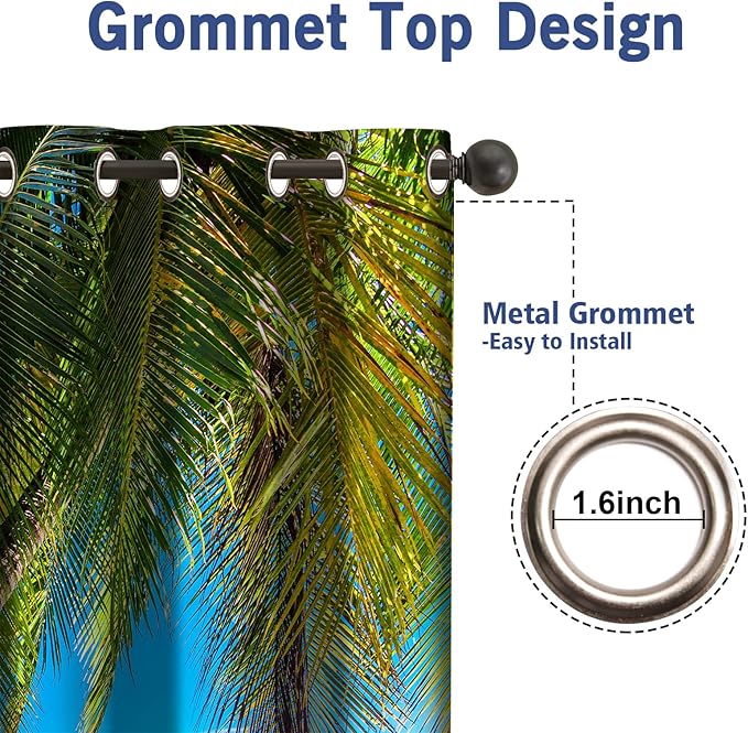 Jekeno Ocean Palm Tree Blackout Curtains Tropical Beach Theme Clear Sea Island View Seaside Scenery Print Grommet Window Drapes Decor for Bedroom Living Room Blue 2 Panel Set, 52"x84"
