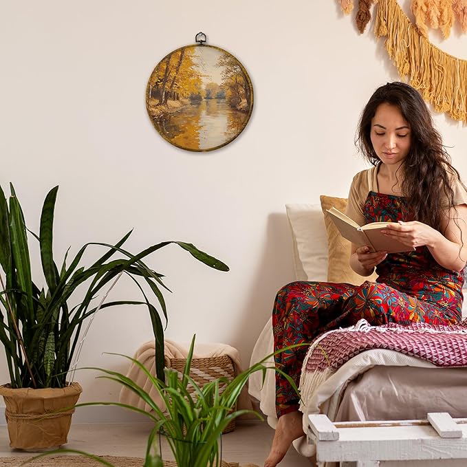 Mcehtle Vintage Fall Wall Art Decor, Rustic Nature Autumn Tree Landscape Framed Canvas Prints 10x10, Farmhouse Fall Seasonal Round Wall Hanging Artwork Decorations for Bedroom Living Room Home