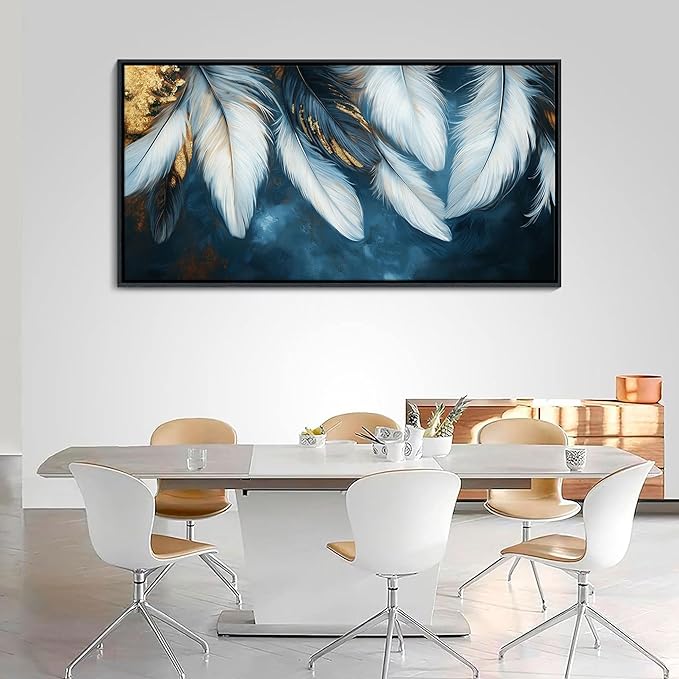 Mofutinpo Blue and Gold Wall Art Framed Navy Blue Decor for Living Room Feather Canvas Art Wall Decor, Blue Bedroom Wall Decor Above Bed Pictures, Painting - Artwork for Walls 29×58IN
