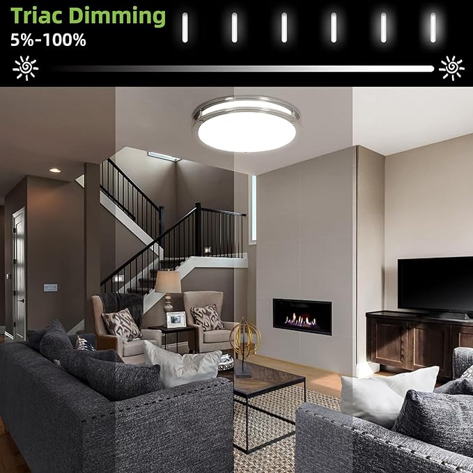 hykolity 16 inch Dimmable LED Flush Mount Ceiling Light Fixture, Brushed Nickel, 36W, 2200LM, 2.7/3/3.5/4K/5K Adjustbale, 120°Light Angle, CRI80, Ceiling Lamp for Bedroom, Kitchen, Office, ETL Listed