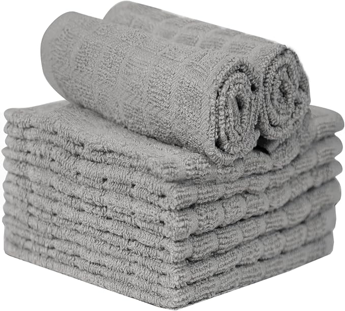 Premium Dish Towels (12”x 12”, 8 Pack) | Cotton Kitchen Hand Towels | Kitchen Towels | Highly Absorbent Tea Towels Set | Grey