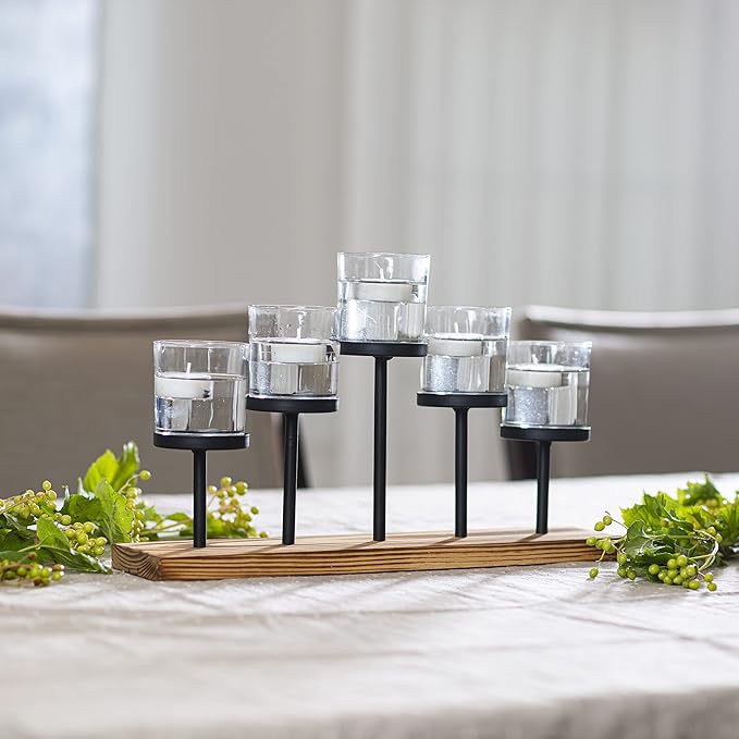 Elegant Decorative Votive Candle Holder Centerpiece, 5 Glass Cups on Wood Base-Tray for Anniversary, Wedding, Dining Table Centerpiece, Decorations Living Room, Decor Coffee Table Centerpiece, Menorah