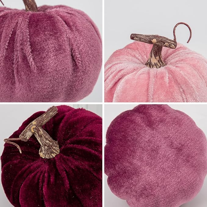 Briful Fall Pumpkins Decoration for Home, 6PCS Velvet Fake Pumpkin Decor for Autumn Harvest Thanksgiving Halloween Party Baby Shower Table Centerpiece Mantel Decoration(4 Inch, Purple/Burgundy/Pink)