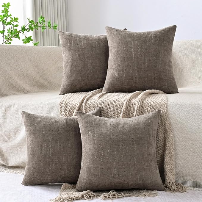 Set of 4 Soft Textured Decorative Throw Pillow Covers 18x18 Inch Cozy Farmhouse Cushion Cover Square Accent Pillow Cases for Bed Couch Sofa Living Room, Taupe Grey