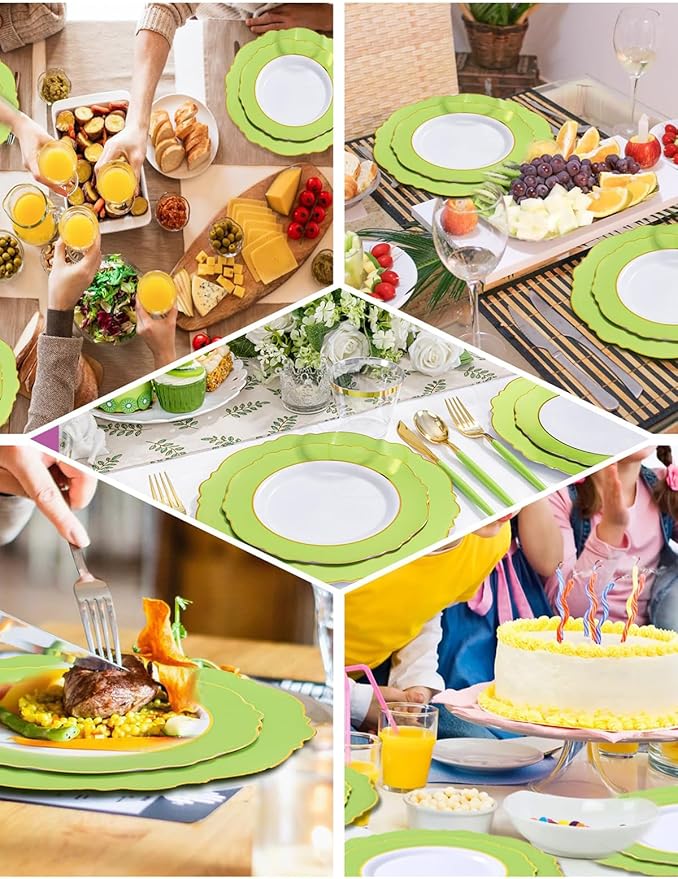 WDF 150Pcs Green Plates Disposable - Baroque Green and Gold Plates - 25Guest Plastic Dinnerware Ideal for Party/Spring/Picnic
