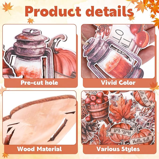 36Pcs Fall Tree Ornaments,Fall Thanksgiving Wood Ornaments for Autumn Decorations with String Fall Decorations for Home Tree Office