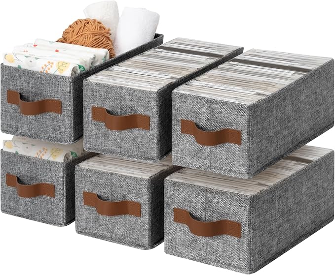 GRANNY SAYS Small Fabric Storage Bins with PU Handles, Storage Baskets for Shelves, Toilet Paper Storage, Narrow Baskets for Organizing DVD, Photos, Clothes, Diaper, Sock, Cd, 6-Pack, Gray