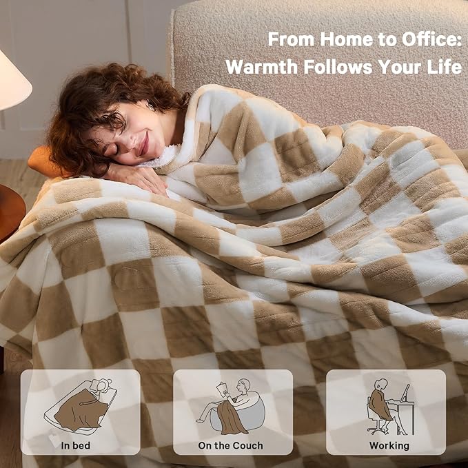 Light Brown Heated Throw Blanket Electric, 50X60 Heating Blanket with 10 Heat Levels & 8 Hours Auto Off for Lap, Checkered Plaid Soft Sherpa Blankets Warmer Gifts for Couch Grandma Women Adults, ETL