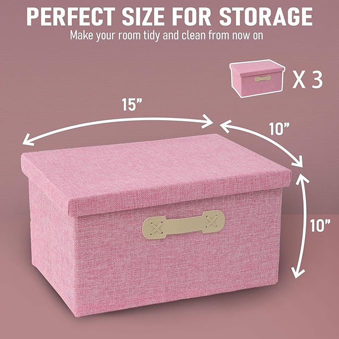Enzk&Unity Decorative Storage Bins with Lids, Fabric Linen Foldable Storage Box with Handle Home Organizer for Shelf, Closet, Bedroom, Living Room, Office, 3 Packs, Pink