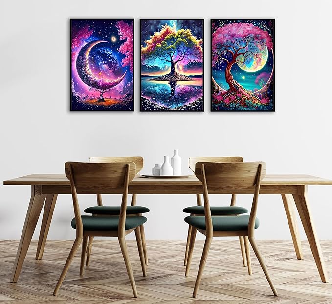 EVPYXFUT 3PCS Tree of Life Wall Art Moon Canvas Poster Romantic Starry Night Pictures Fantasy Forest Paintings Tree Life Prints Visual Modern Abstract Wall Decor for Living Room Bedroom Unframed