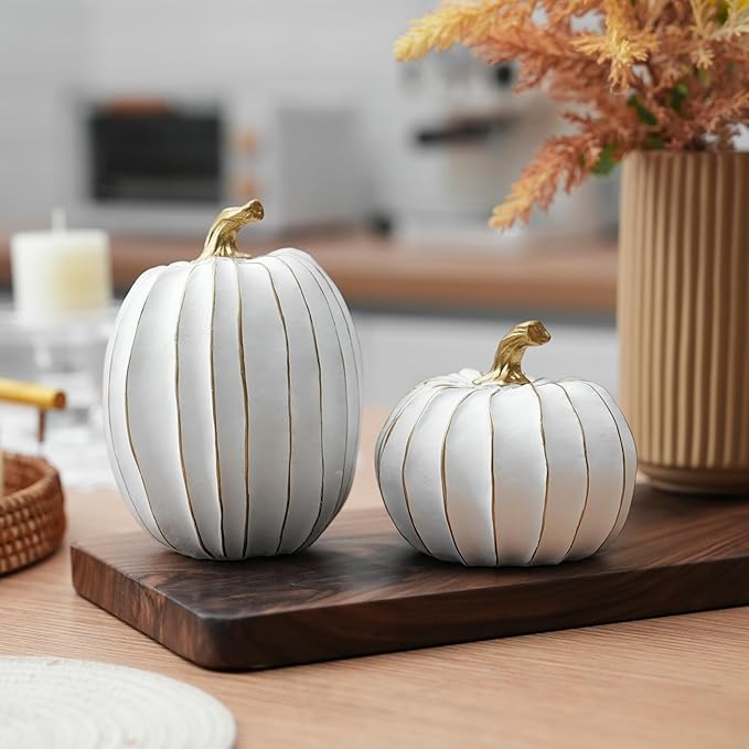 Fall Pumpkin Decor, White and Gold Decorative Pumpkins, Thanksgiving Resin Pumpkins Figurine Set of 2, Elegant Fake Pumpkin Statues for Fall Home Decor, Tabletop Centerpiece, Harvest, Wedding