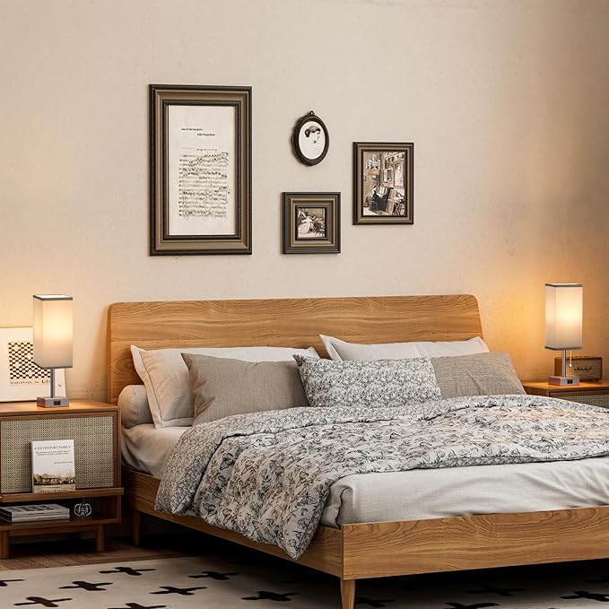 Grey Bedside Table Lamps for Bedroom Set of 2 - Small Rectangular Nightstand Lamp with AC Outlet Charging Port, 3 Color Temperatures Light, Tabletop Reading Lamp for Living Room/Dorm/Office