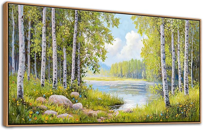 Forest & Mountain Wall Art Green Framed Nature Landscape Pictures for Living Room, Bedroom & Office Large Paintings Wall Decor Tree, Lake, and Mountain Artwork for Wall Decor 24x48IN