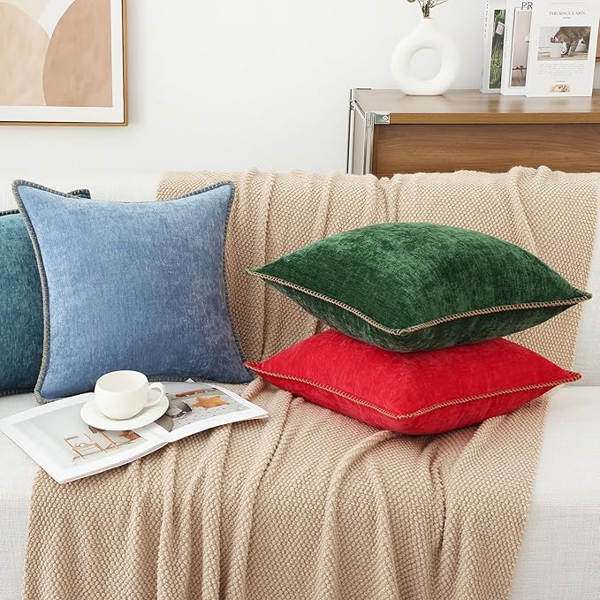 decorUhome Christmas Chenille Soft Throw Pillow Covers 20x20 Set of 2, Farmhouse Velvet Neutral Decorative Euro Pillow Covers with Stitched Edge for Couch Sofa Bed Home Decor, Red
