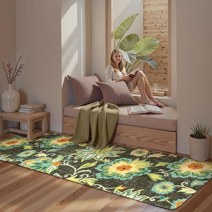 Lahome Floral Kitchen Runner Rug- 2x8 Runners for Hallways Non-Slip Washable Rug Runner Throw Low-Pile Entryway Laundry Runner Rugs Soft Green Paisley Print Carpet Runner for Bedroom Living Room