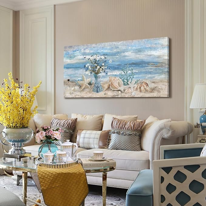 Beach Canvas Wall Art for Living Room Ocean Theme Seaside Print Blue Coastal Picture Abstract Seascape Landscape Pink Teal Painting Daisy Flower in Indian Vase Framed Artwork for Home Decor 30x60inch