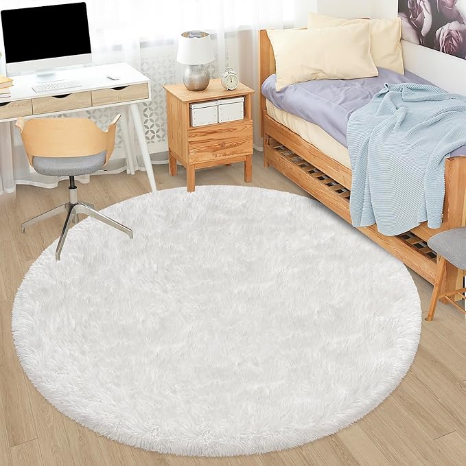 5x5 ft Tie Dye White Round Rug for Bedroom Room Fluffy Circle Rug Furry Carpet Shaggy Circular Fuzzy Washable Non-Slip Large Area Rug Soft Indoor for Living Room Cute Aesthetic Home Decor