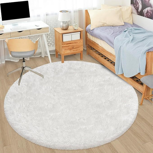5x5 ft Tie Dye White Round Rug for Bedroom Room Fluffy Circle Rug Furry Carpet Shaggy Circular Fuzzy Washable Non-Slip Large Area Rug Soft Indoor for Living Room Cute Aesthetic Home Decor