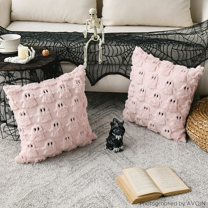 AVOIN colorlife Halloween Ghost Pink Throw Pillow Cover Set of 2, 18 x 18 Inch Soft Plush Faux Fur Jacquard Spooky Cushion Case Decoration for Sofa Couch