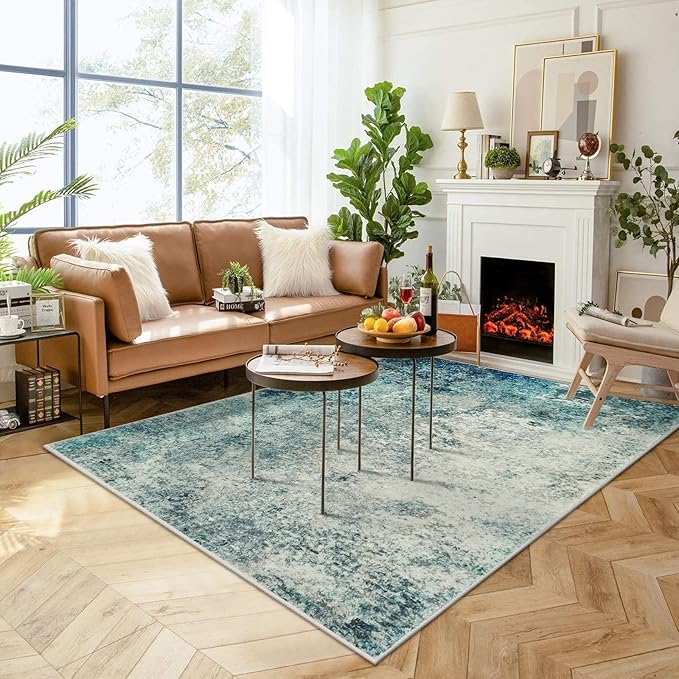 Lahome Modern Abstract Area Rug 5x7 Rugs for Living Room, Washable Accent Bedroom Rug Low Pile Non-Slip, Indoor Floor Contemporary Carpet for Kitchen Bathroom Laundry,Blue/Grey