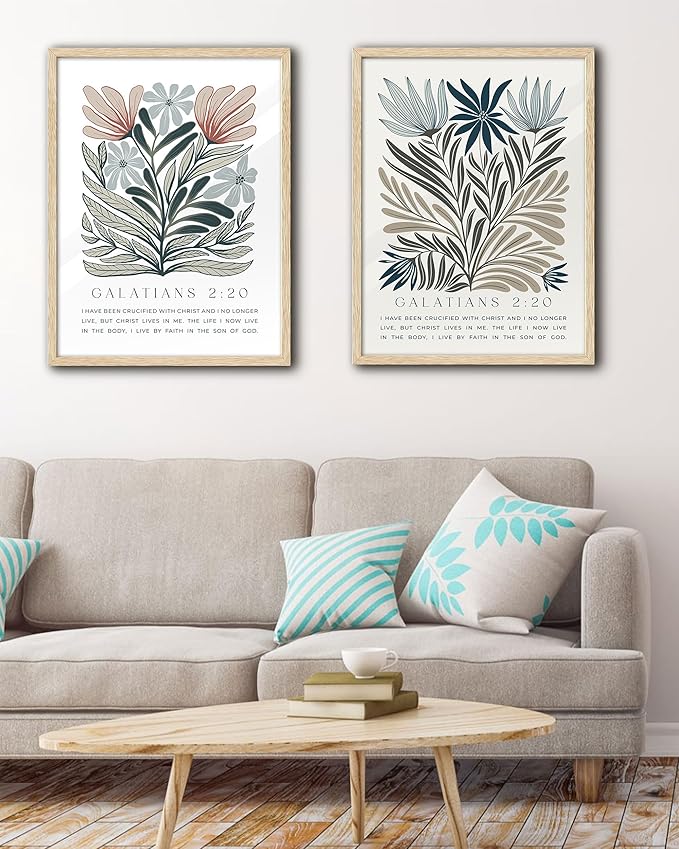 EcoHest Bible Verse Floral Framed Wall Art, Large 16x20 in OAK Wood Boho Abstract Flowers Canvas Wall Art, Galatians 2:20 Home Decor, Beige Logs Boho Christian Set of 1 for Bedroom Living Room