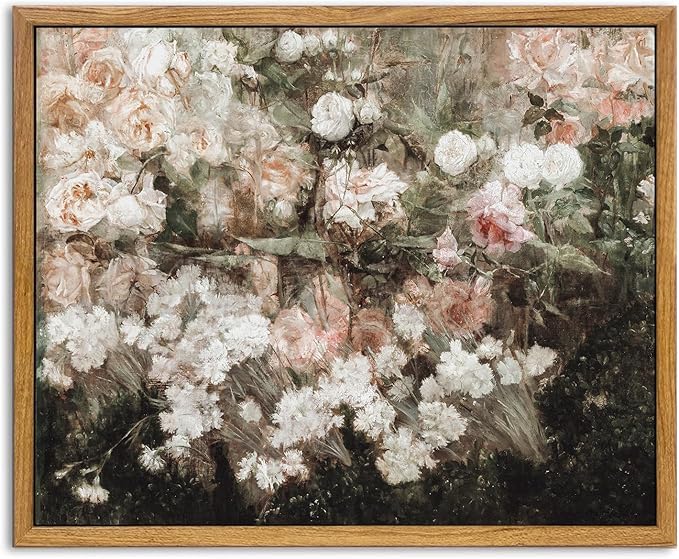 KBKBART Framed Canvas Wall Art for Living Room Bedroom Decor,Vintage Moody Floral Art Print Flower Rose Garden Canvas Painting, Rustic Bathroom Decor, Classical Vintage Wall Art(12"x16")