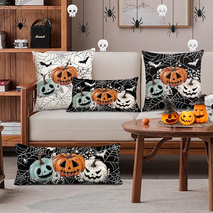 Baccessor Halloween Pillow Cover 14x36 Inch, Black Pumpkins Bats Spider Web Long Pillow Case Halloween Decor for Cushion Sofa Couch Indoor Outdoor Decoration 1 Piece