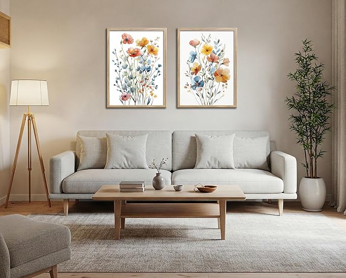Large Framed Colorful Flowers Canvas Wall Art for Bathroom Decor, Blue Floral Print, Yellow Orange Flowers Artwork Pictures Poster for Bedroom Living Room Decoration 16"x24"x2 Panels