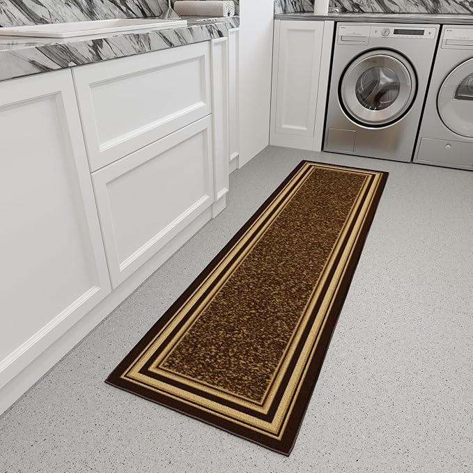 Ottomanson Hallway Runner Rug 1'10" x 7' Non Slip Border Area Rugs Easy to Clean Laundry Rug Runner Durable & Pet Friendly Floor Carpet Runners for Hallways Entryway Living Room Kitchen, Brown
