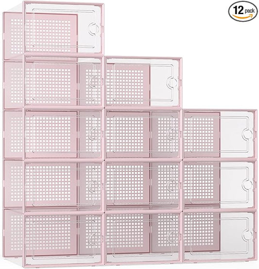 Kuject X-Large Shoe Storage Boxes Organizers Clear Plastic Stackable 12 Pack, Shoe Rack & Holder Substitute, Sneaker Containers, Toy Storage Organizer Bins for Entryway, Closet, Under Bed, Pink