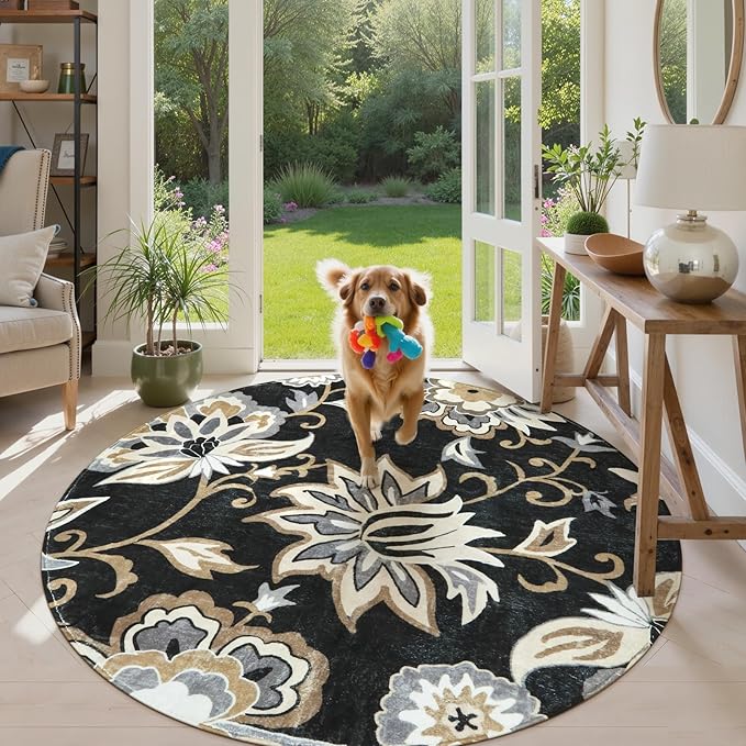 Lahome Floral Black Round Area Rug - 5Ft Washable Ultra-Thin Soft Bedroom Rug, Non-Slip Stain Resistant Circle Rug for Living Room, Office, Dining Room, Paisley Print Accent Carpet