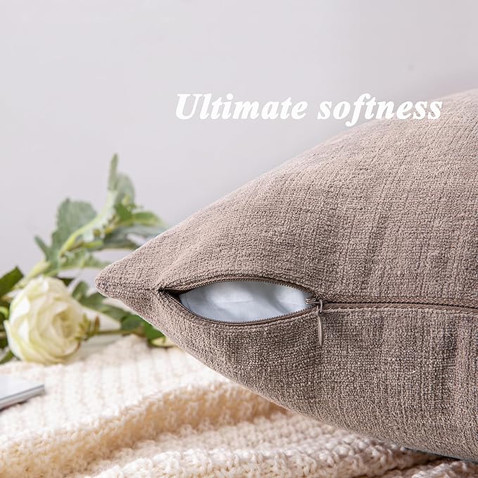 GAWAMAY Decorative Chenille Throw Pillow Covers 24x24 Inch Pack of 2, Soft Square Couch Pillow Cover for Sofa Cushion Living Room Bedroom Pillowcases Taupe Grey 60x60cm (ONLY Covers)