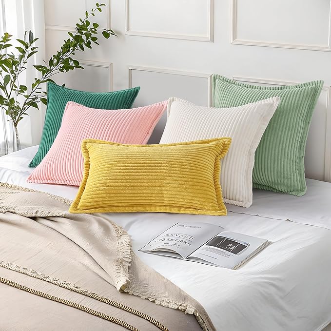 Mecatny Corduroy Throw Pillow Covers 16x16 Set of 2, Neutral Decorative Soft Boho Couch Pillow Covers with Broadside for Sofa Living Room, Sage Green