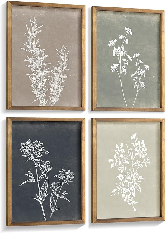 Framed Boho Wall Art Set of 4 for Wooded Minimalist Botanical Print Wall Art for Rustic Vintage Farmhouse Home Kitchen Wall Decor (Brown, 8"x10")
