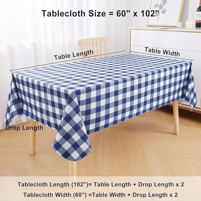 misaya Rectangle Waterproof Vinyl Table Cloth, Buffalo Flannel Backed Tablecloth, Wipeable Plastic Table Cover for Dinner, Kitchen, Outdoor (60" x 102", White and Navy)