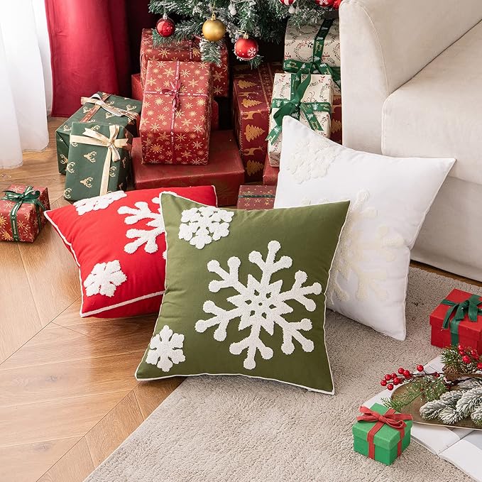 MIULEE Pack of 2 Christmas Decorative Snowflake Throw Pillow Covers Canvas Embroidery Winter Cushion Cases Holiday Decor Soft Pillowcases for Winter Couch Sofa Bedroom Car（Army Green, 20x20in）