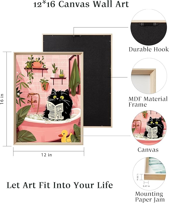 UPWOIGH Funny Cat Bathroom Wall Art, 12"x16" Wood Framed Canvas Decor, Are You Pooping? Black Cat Poster Set of 3, Cute Reading and Bathing Humor Prints for Kids Room Bedroom, Fun Gift Idea
