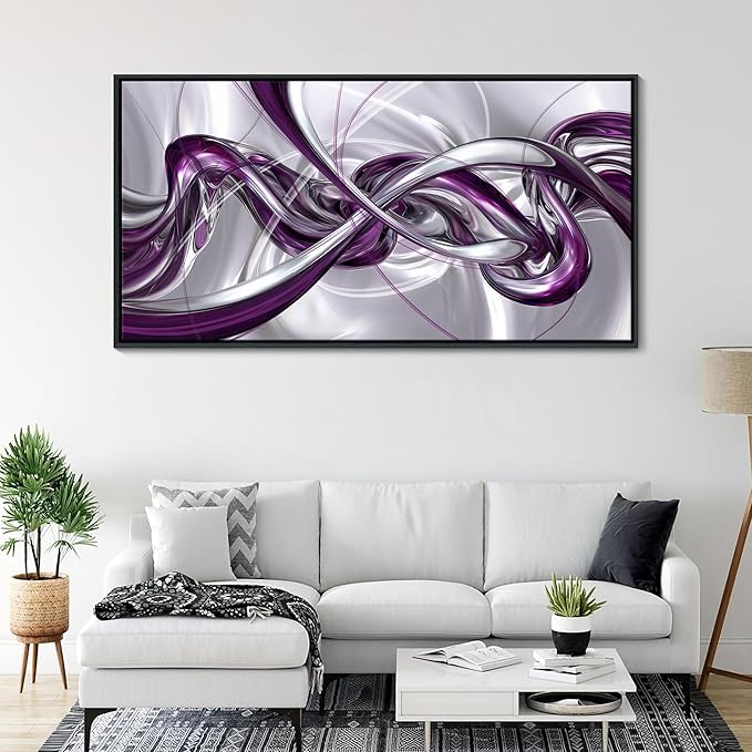 Pogusmavi Purple Wall Art - 3D Framed Canvas Abstract Art for Living Room, Modern Silver Wall Decor, Office Artwork, Bedroom Pictures, Contemporary Prints, Paintings for Wall Decorations 29×58IN