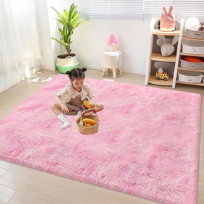 Tie-Dye Pink Fluffy Rug for Bedroom 4x6ft Soft Shag Area Rug Mat Bedside Throw Rug for Living Room Kids Room Boys Teens Nursery Baby Dorm Office Home Decor Aesthetic Carpets