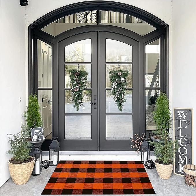 SEEKSEE Cotton Buffalo Plaid Rug 27.5"x43" Orange and Black Checked Rug Washable Doormats Indoor Outdoor Rugs for Layered Front Door Mats, Porch, Kitchen, Farmhouse, Entryway