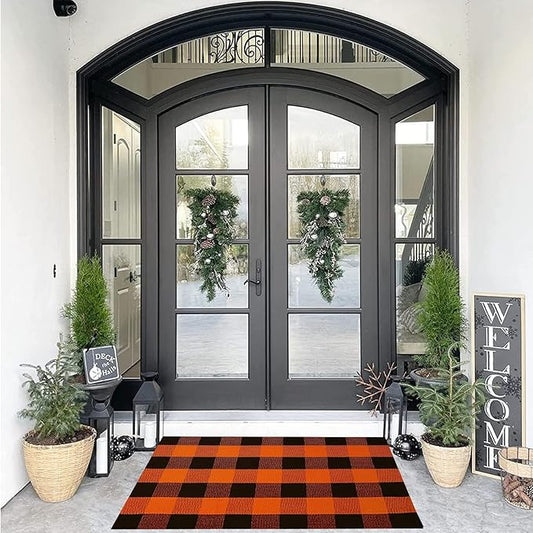 SEEKSEE Cotton Buffalo Plaid Rug 27.5"x43" Orange and Black Checked Rug Washable Doormats Indoor Outdoor Rugs for Layered Front Door Mats, Porch, Kitchen, Farmhouse, Entryway