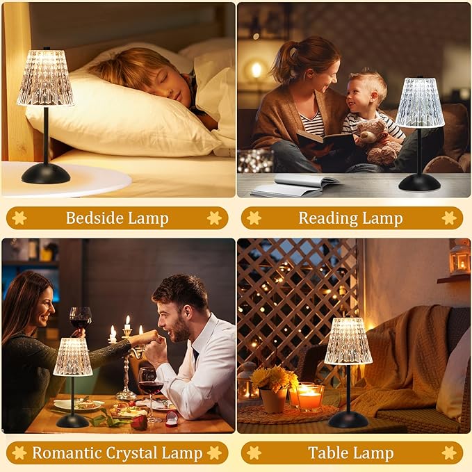 Cordless Touch Table Lamp, 3500mAh Rechargeable Small Dask Lamp, 3 Colors Dimmable Battery Operated Crysta Lamp for Bedroom Restaurant Kitchen Home Decor, Black, 2pcs
