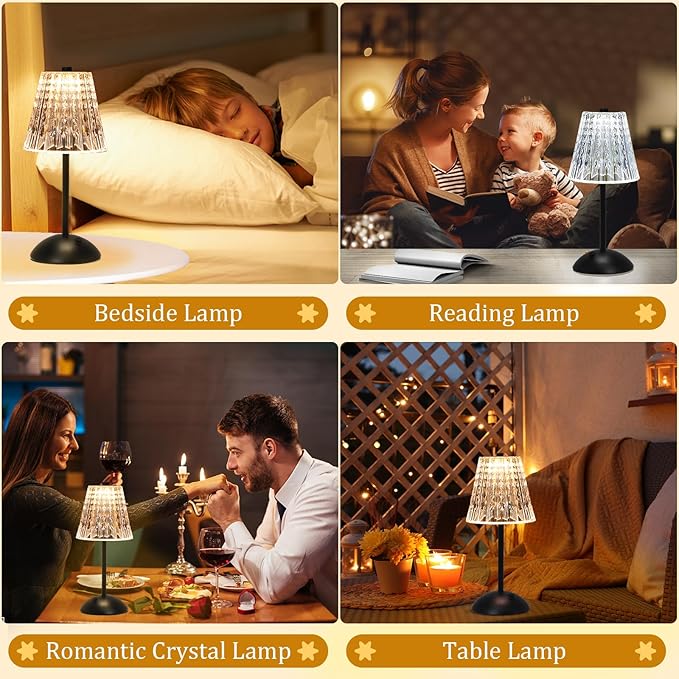 Cordless Touch Table Lamp, 3500mAh LED Rechargeable Small Dask Lamp, 3 Colors Dimmable Battery Operated Crysta Lamp for Bedroom Restaurant Kitchen Home Decor, Black