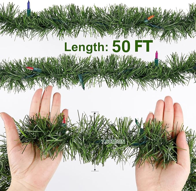 Biswing 50FT Pre-lit Christmas Green Garland, Lighted Artificial Pine Garlands with 100 Count Multicolor Mini Lights, Light Up for Indoor Outdoor Gate Home Winter Holiday New Year Decorations