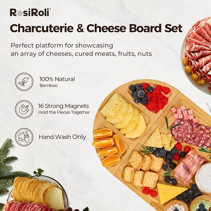 Charcuterie Board and Serving Set -Natural Bamboo Cheese Board Snack Tray Set with Magnetic - House Warming Gifts New Home, Wedding Gift for Couple, Bridal Shower Gift, Perfect for Party