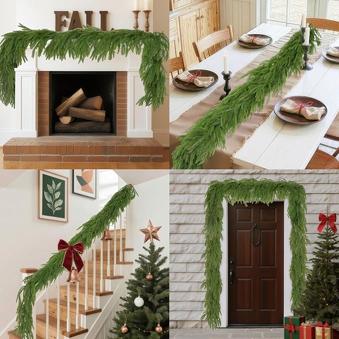 LVZHIYUAN 2 Pcs 6FT Christmas Garland,Christmas Decorations,Real Touch Norfolk Pine Garland,Green Faux Greenery Garland for Mantle Fireplace Door Table Wall Upstairs Indoor Outdoor Holiday Xmas Decor
