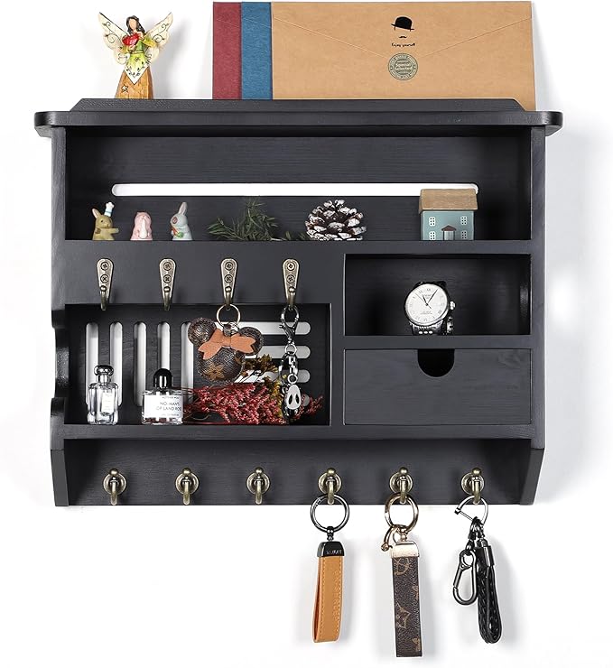 Key Holder for Wall, Mail Organizer Wall Mount with Storage Drawer and 10 Hooks, Easy Installation Key Holder Wall Mount for Home Decor, Black